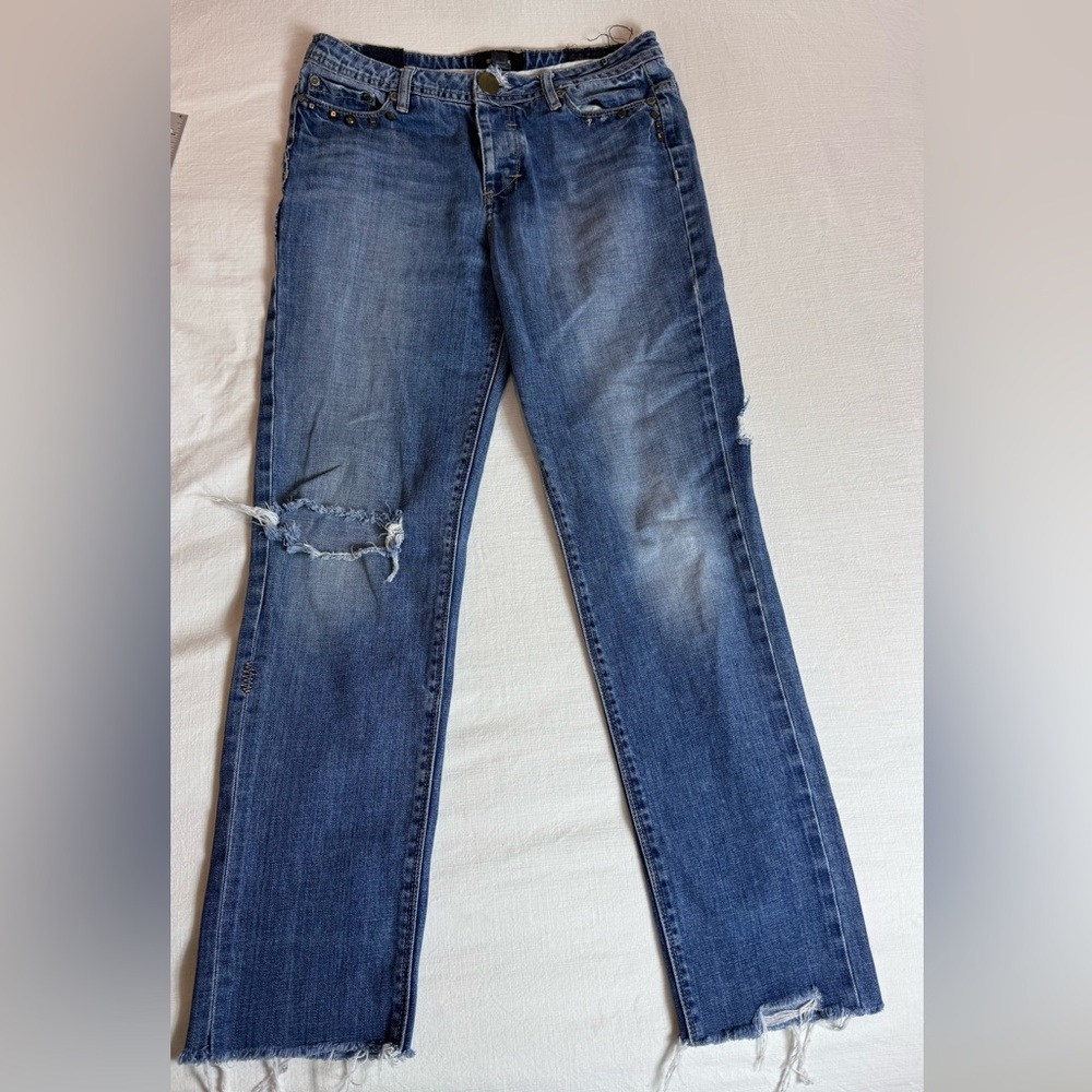 Insight 51 Distressed Studded Straight Leg Jeans Blue Denim Raw Hem  32